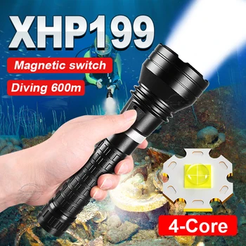 סופר מבריק XHP199 LED פנס צלילה 600M חזק צלילה לפיד מתח גבוה נטענת מתחת למים פנס IPX8 מנורות יד